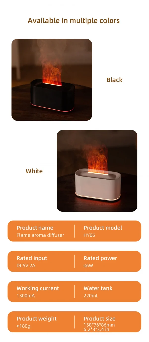 **مرطب هواء عطري بشكل لهب (Aroma Humidifier Flame Essential Oils Diffuser)** هو جهاز صغير يجمع بين **مرطب هواء + ناشر للزيوت العطرية + ضوء ليلي LED**.يُنتج **تأثير لهب واقعي** باستخدام بخار الماء